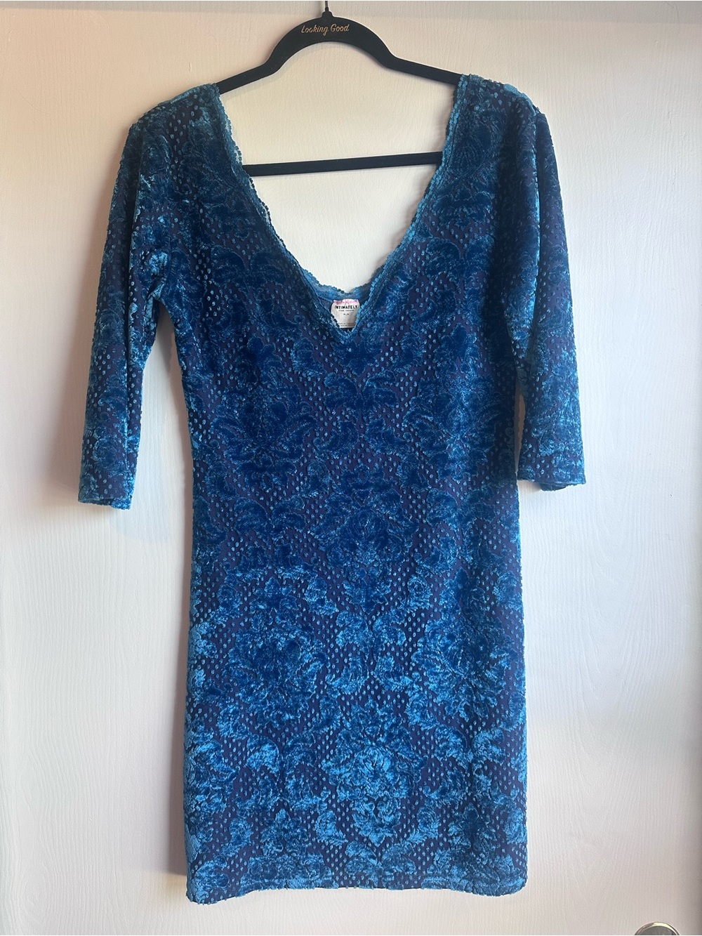 Free People Blue Velvet Floral V-Neck Mini Dress worn once